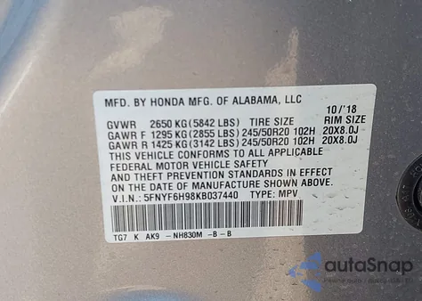 2019 Honda Pilot Touring from USA, damaged, VIN 5FNYF6H98KB037440
